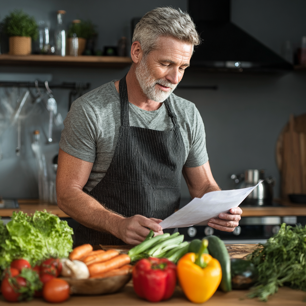 middle-aged adult reviewing weekly meal plan with fresh vegetables on kitchen counter