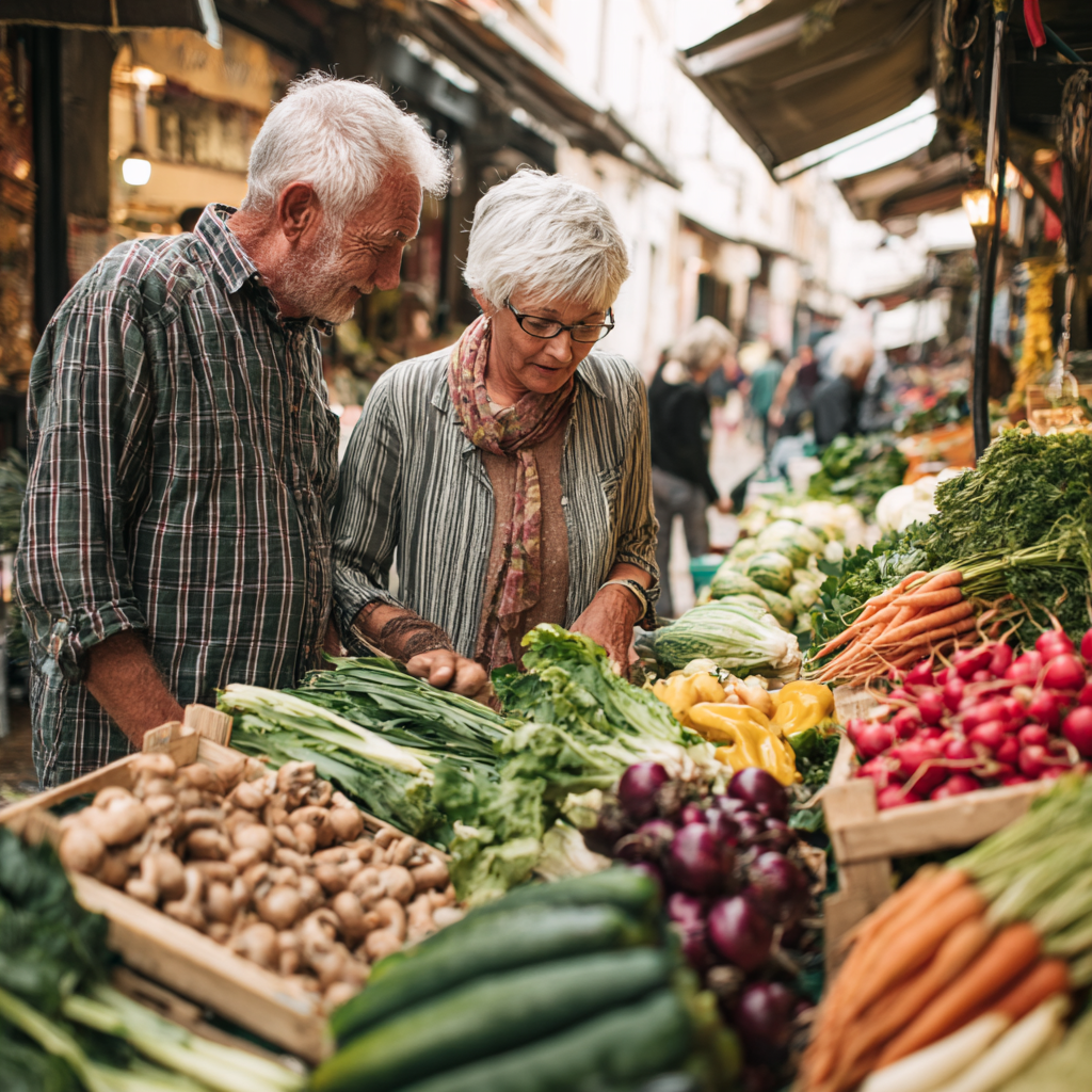 older adults shopping for fresh seasonal vegetables at local market